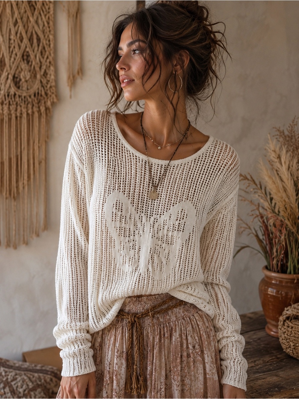 Evolutionary Ivory Open-Knit Crochet Butterfly Sweater Top Size L